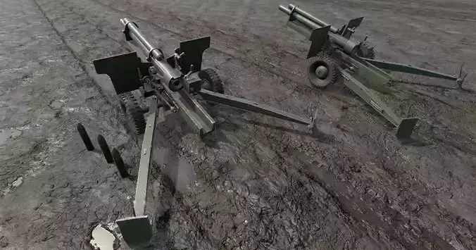 Howitzer two military cannons Low-poly 3D model
