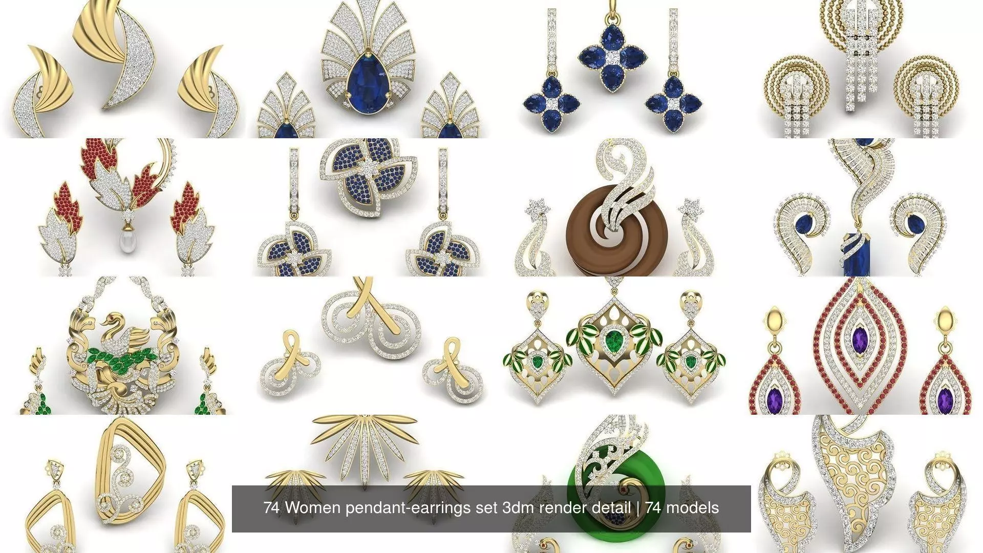 74 Women pendant-earrings set 3dm render detail 3D Model Collection_0
