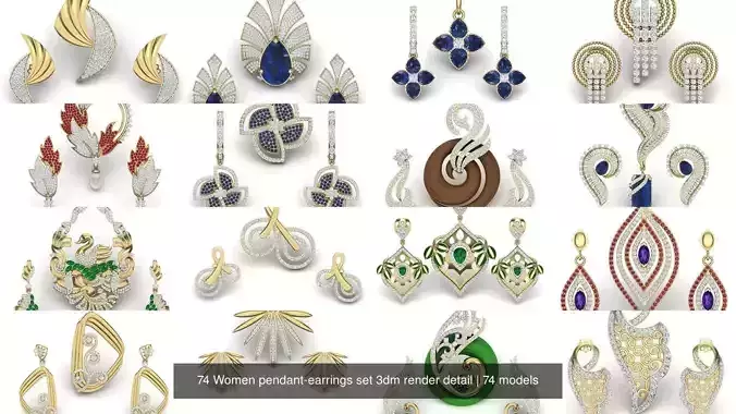 74 Women pendant-earrings set 3dm render detail 3D Model Collection