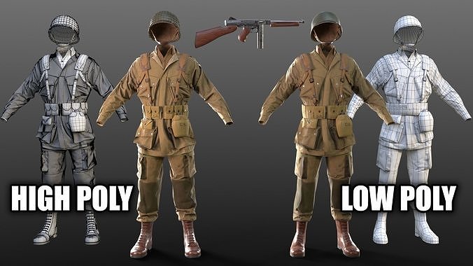 WW2 US Paratrooper and THOMPSON M1A1 Low-poly 3D model