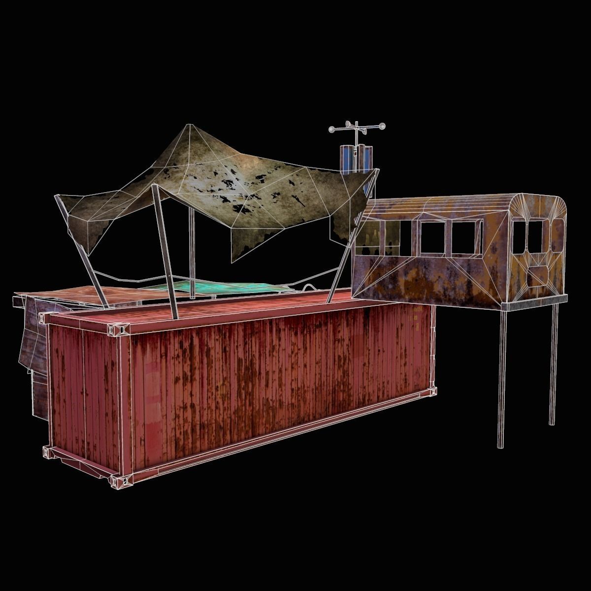 Construction rusty building with ladders and stairs Low-poly 3D model_4