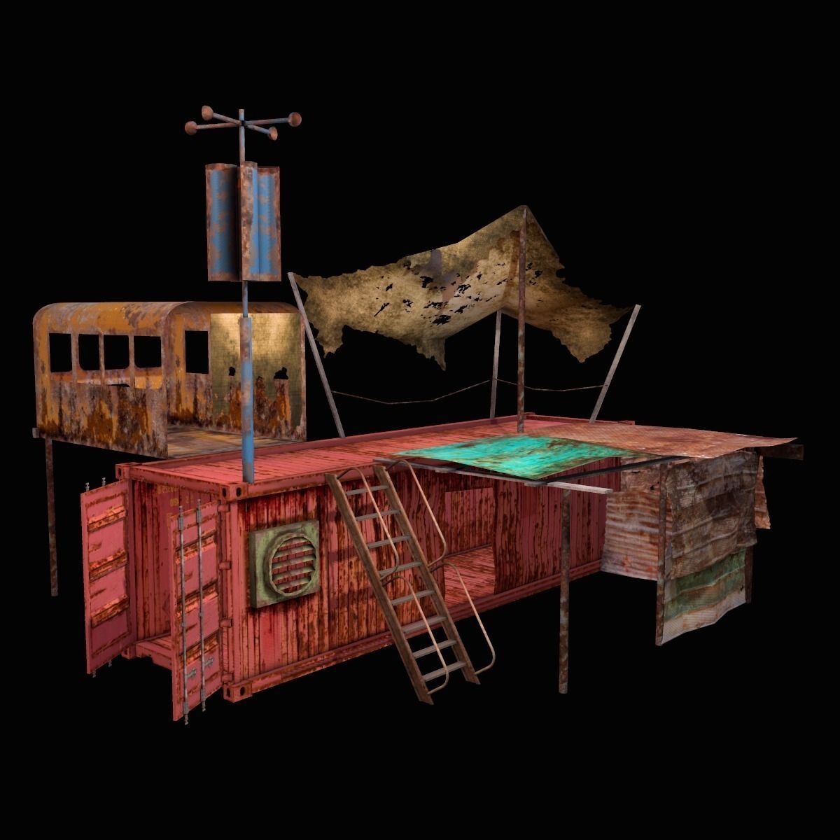 Construction rusty building with ladders and stairs Low-poly 3D model_1