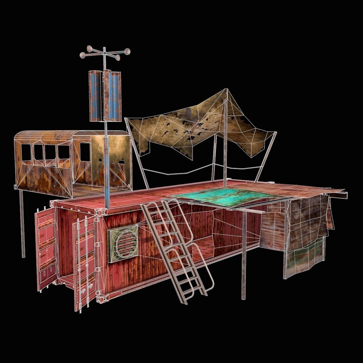 Construction rusty building with ladders and stairs Low-poly 3D model_3