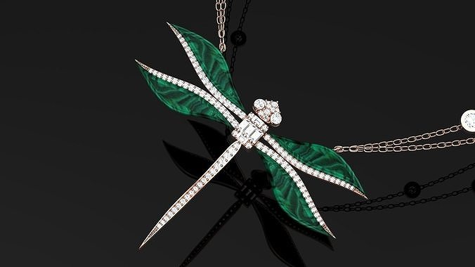 libelul emerald dragonfly necklace with diamonds 3D model