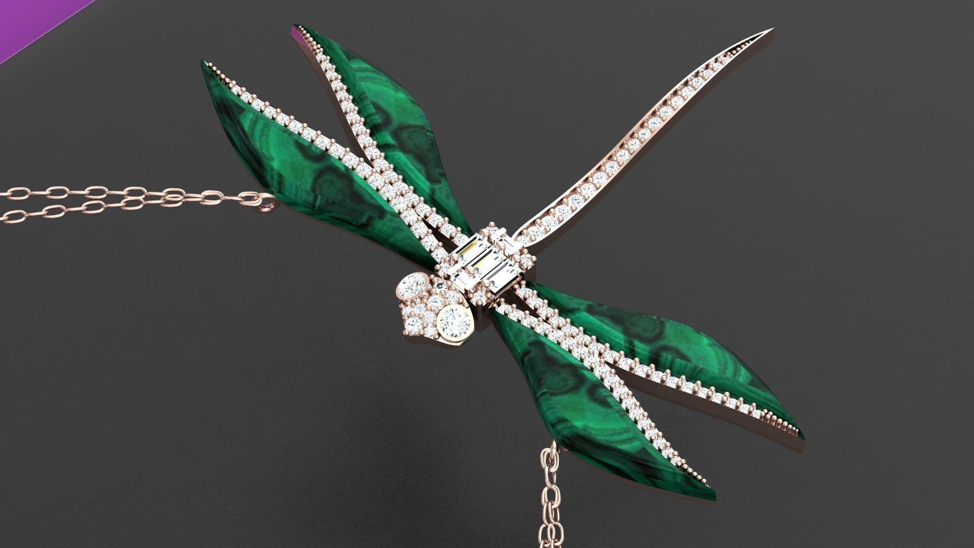 libelul emerald dragonfly necklace with diamonds 3D model_7