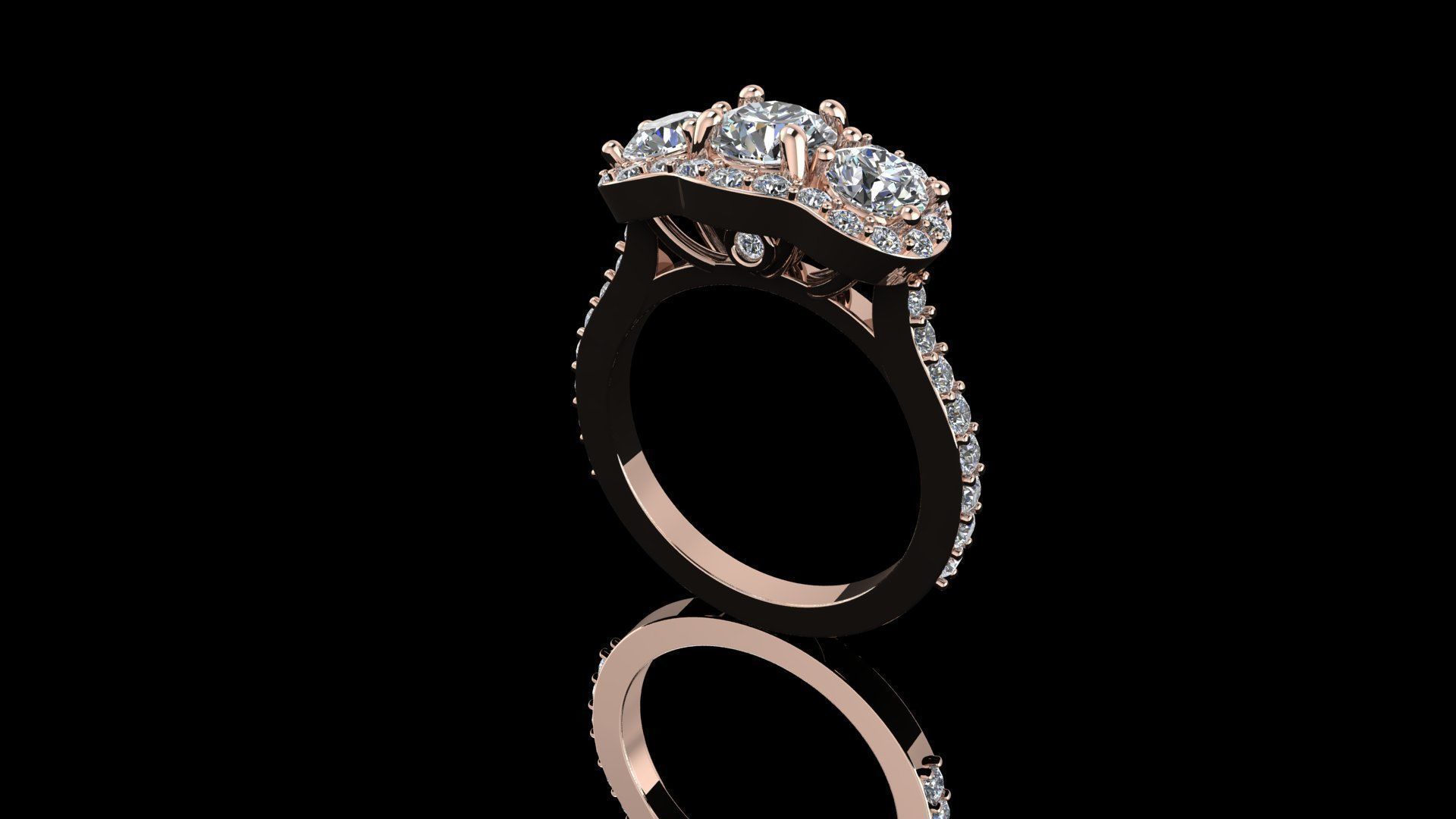 Three stone halo engagement ring 3D print model_3