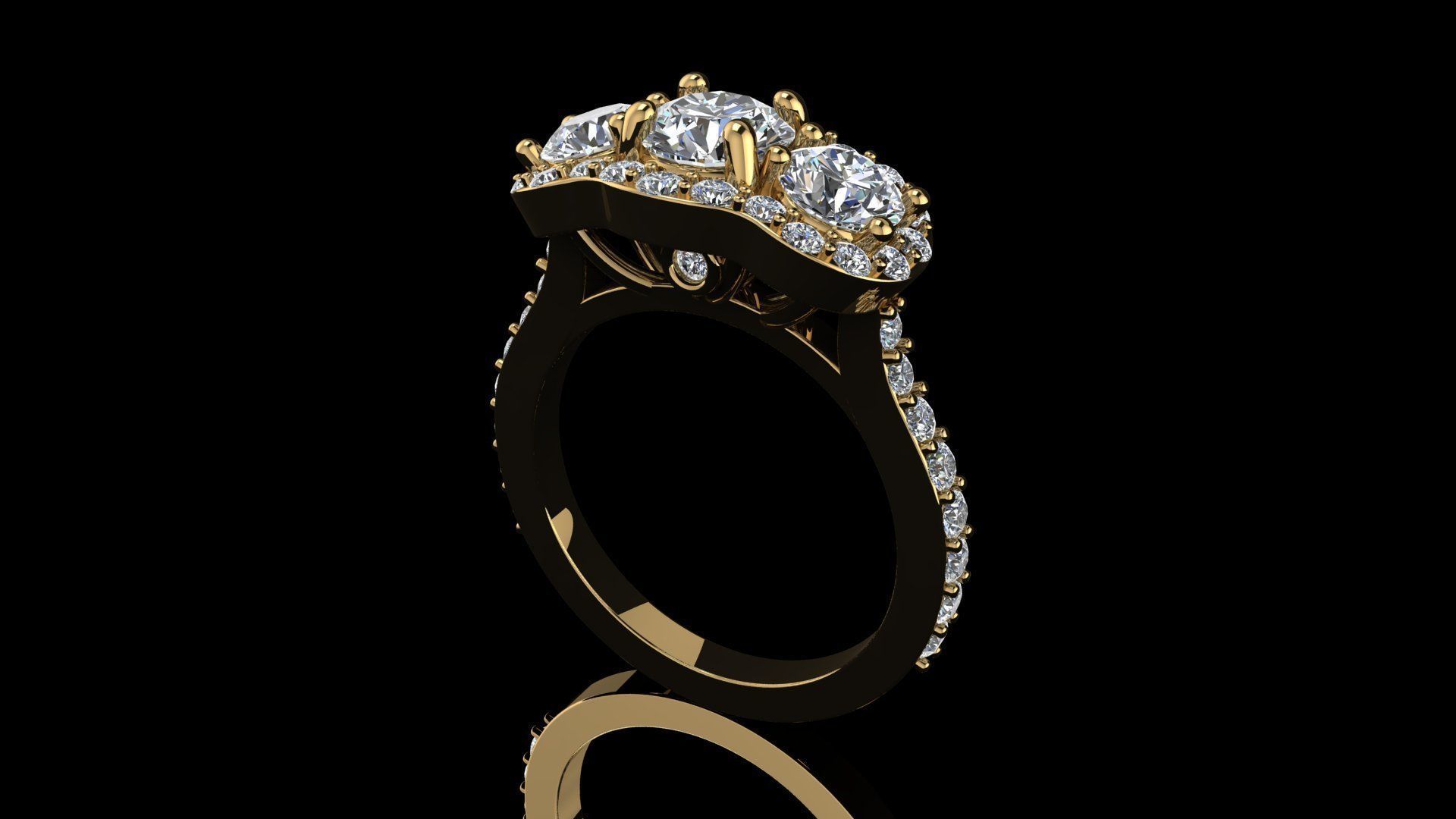 Three stone halo engagement ring 3D print model_4