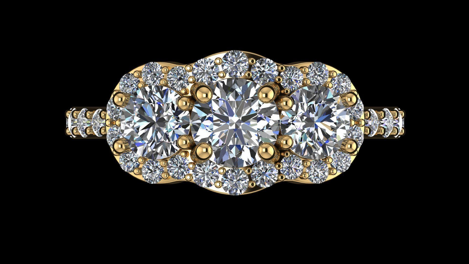 Three stone halo engagement ring 3D print model_24