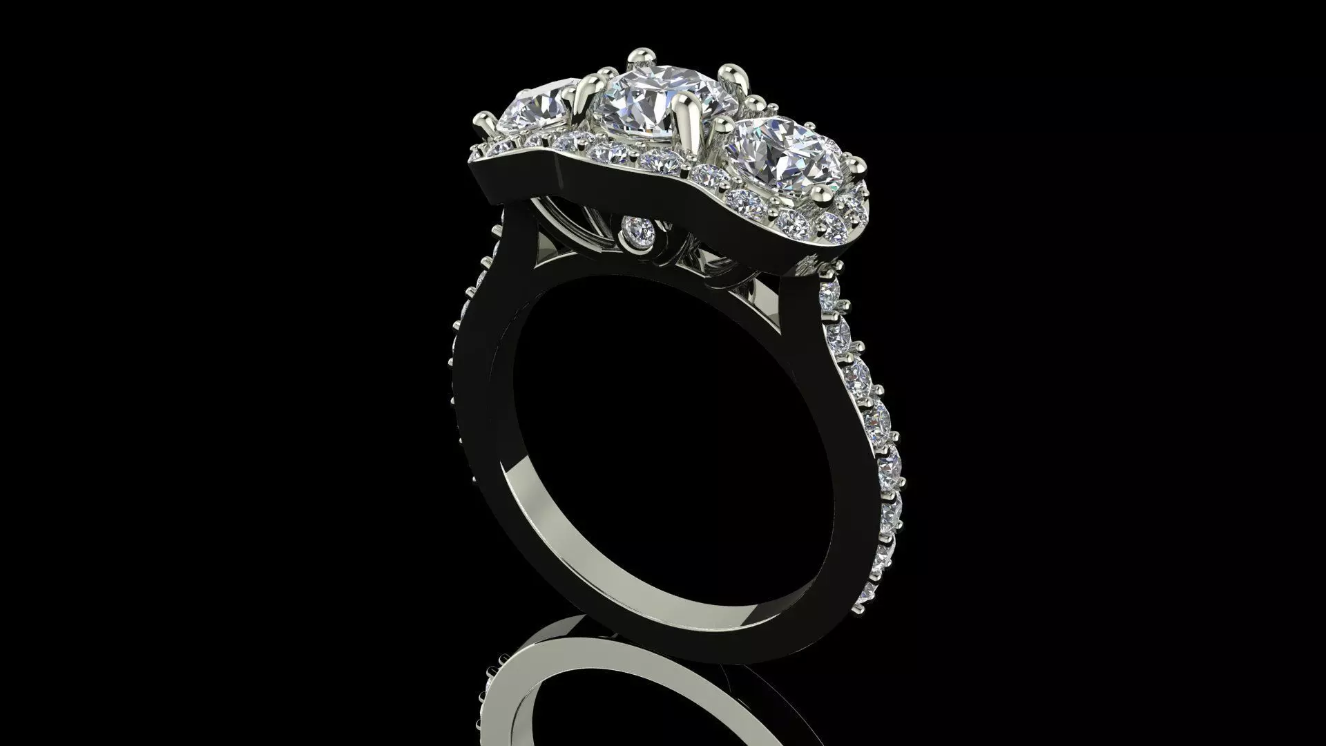 Three stone halo engagement ring 3D print model_0