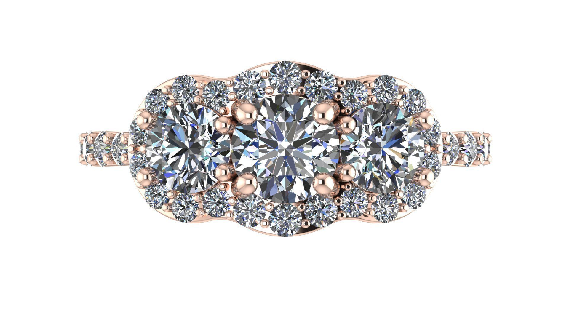 Three stone halo engagement ring 3D print model_22