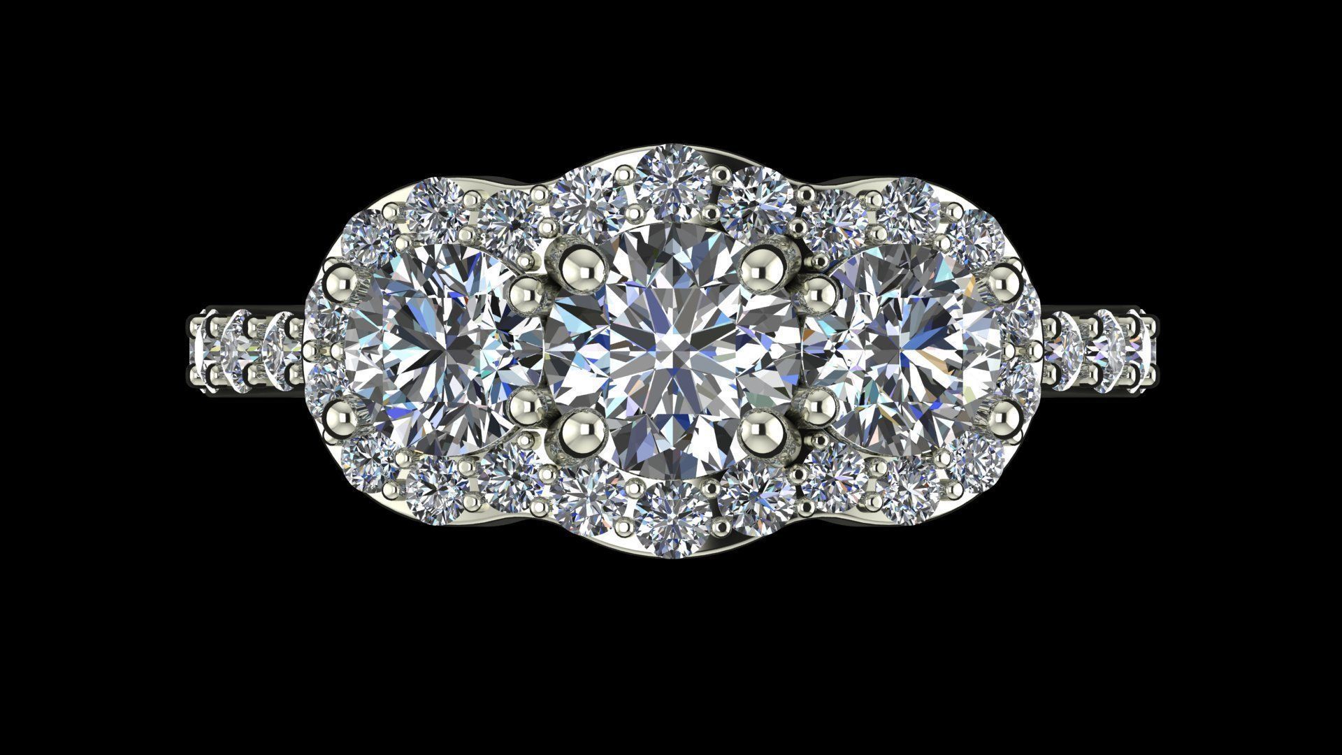 Three stone halo engagement ring 3D print model_20