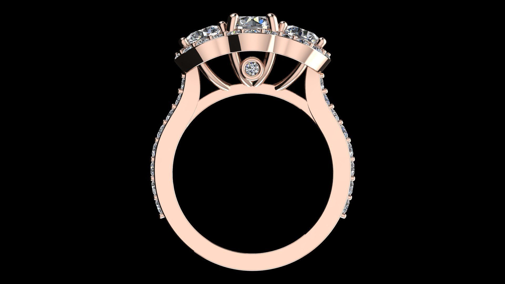 Three stone halo engagement ring 3D print model_5