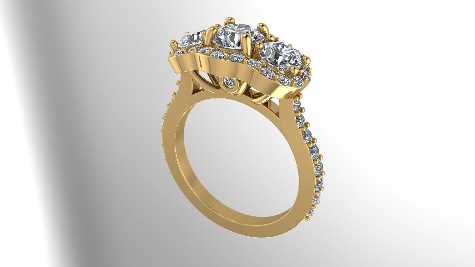 Three stone halo engagement ring 3D print model_12
