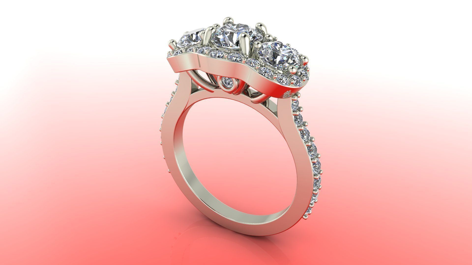 Three stone halo engagement ring 3D print model_9