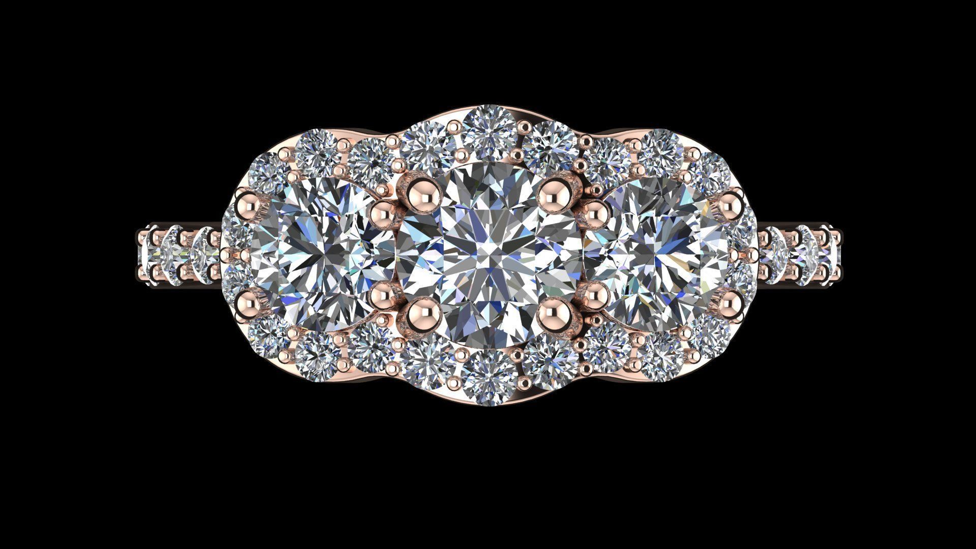 Three stone halo engagement ring 3D print model_25