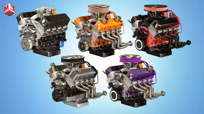 Muscle Car Engines - V8 Low-poly Engines 5 in 1 3D Model Collection