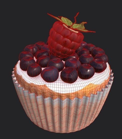 Cupcake with blueberries and raspberries 3D model_2