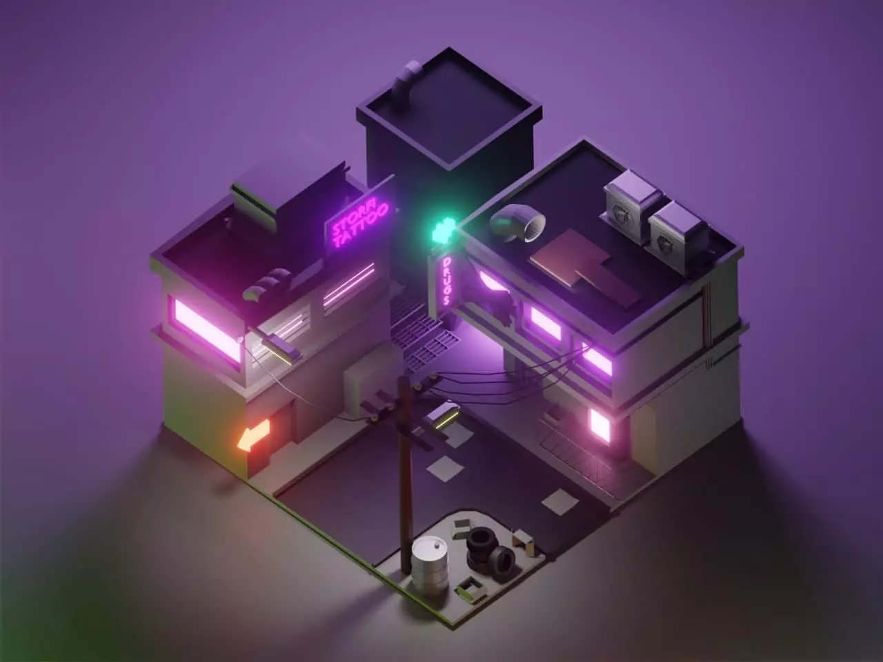 CyberPunk building with neon lights Low-poly 3D model_0