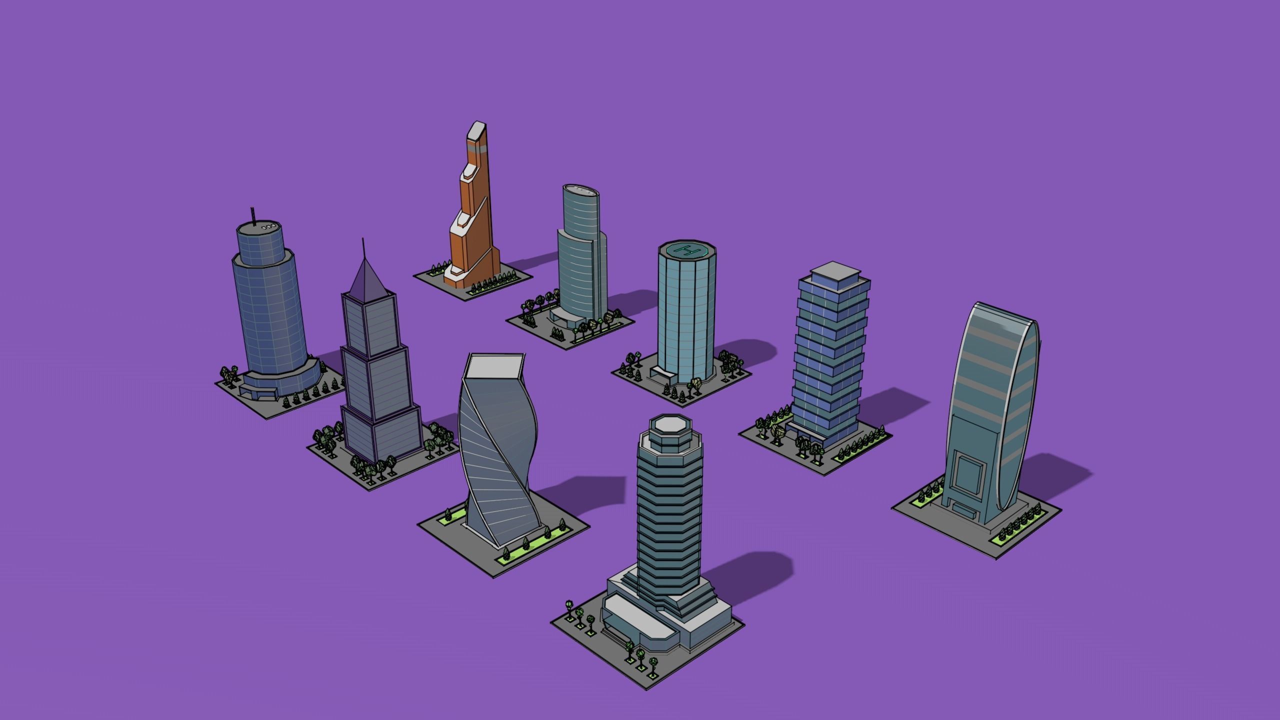 set of cartoon low poly tower models Low-poly 3D model_2