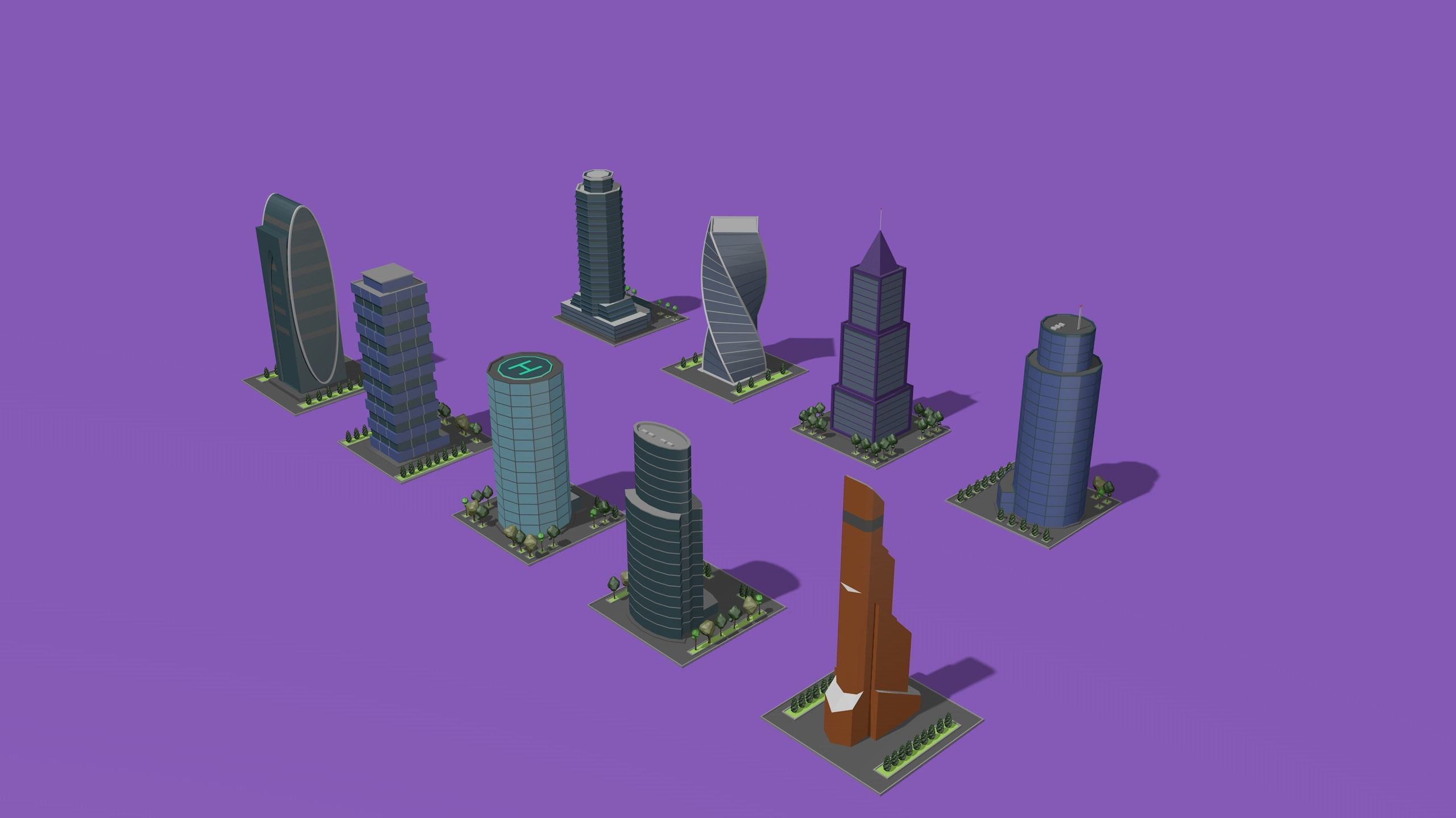 set of cartoon low poly tower models Low-poly 3D model_3