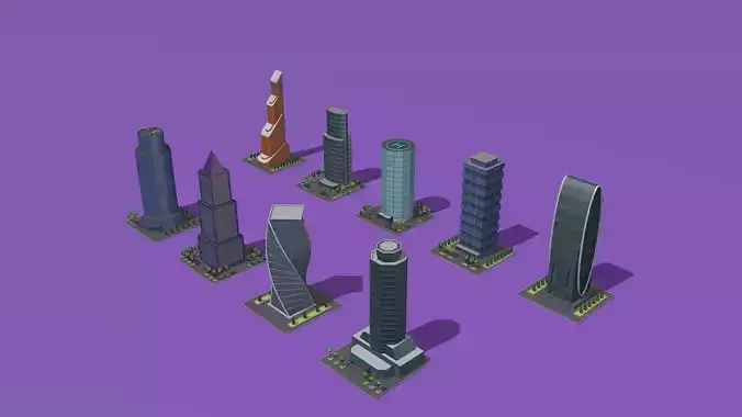 set of cartoon low poly tower models
