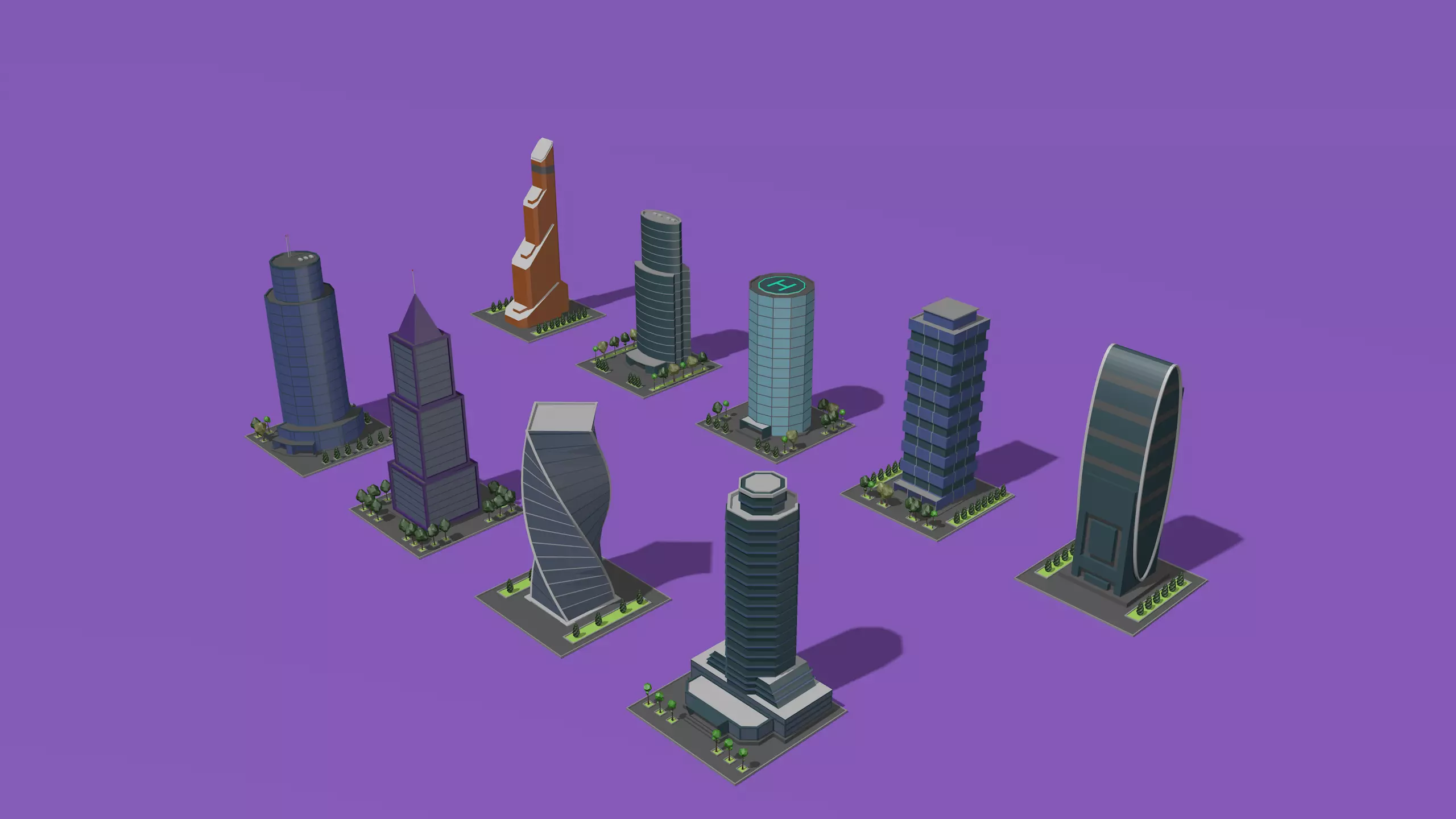 set of cartoon low poly tower models Low-poly 3D model_0