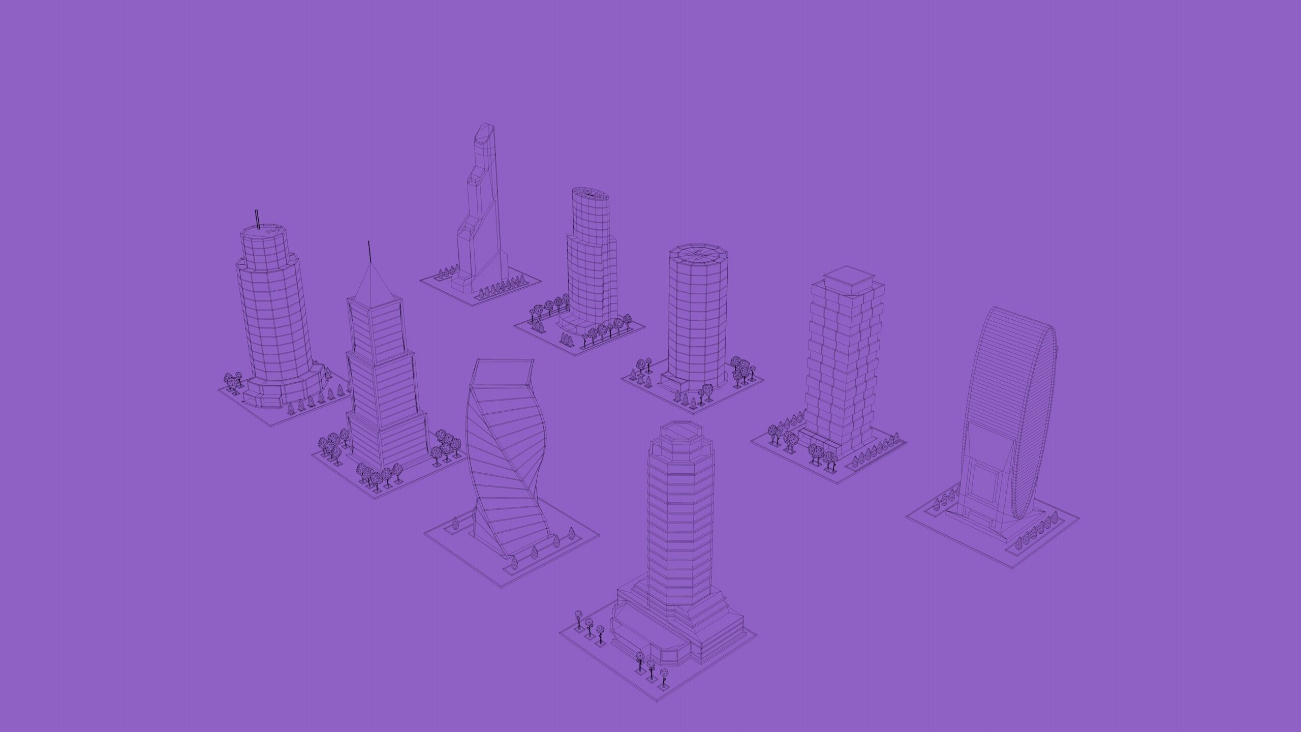 set of cartoon low poly tower models Low-poly 3D model_1