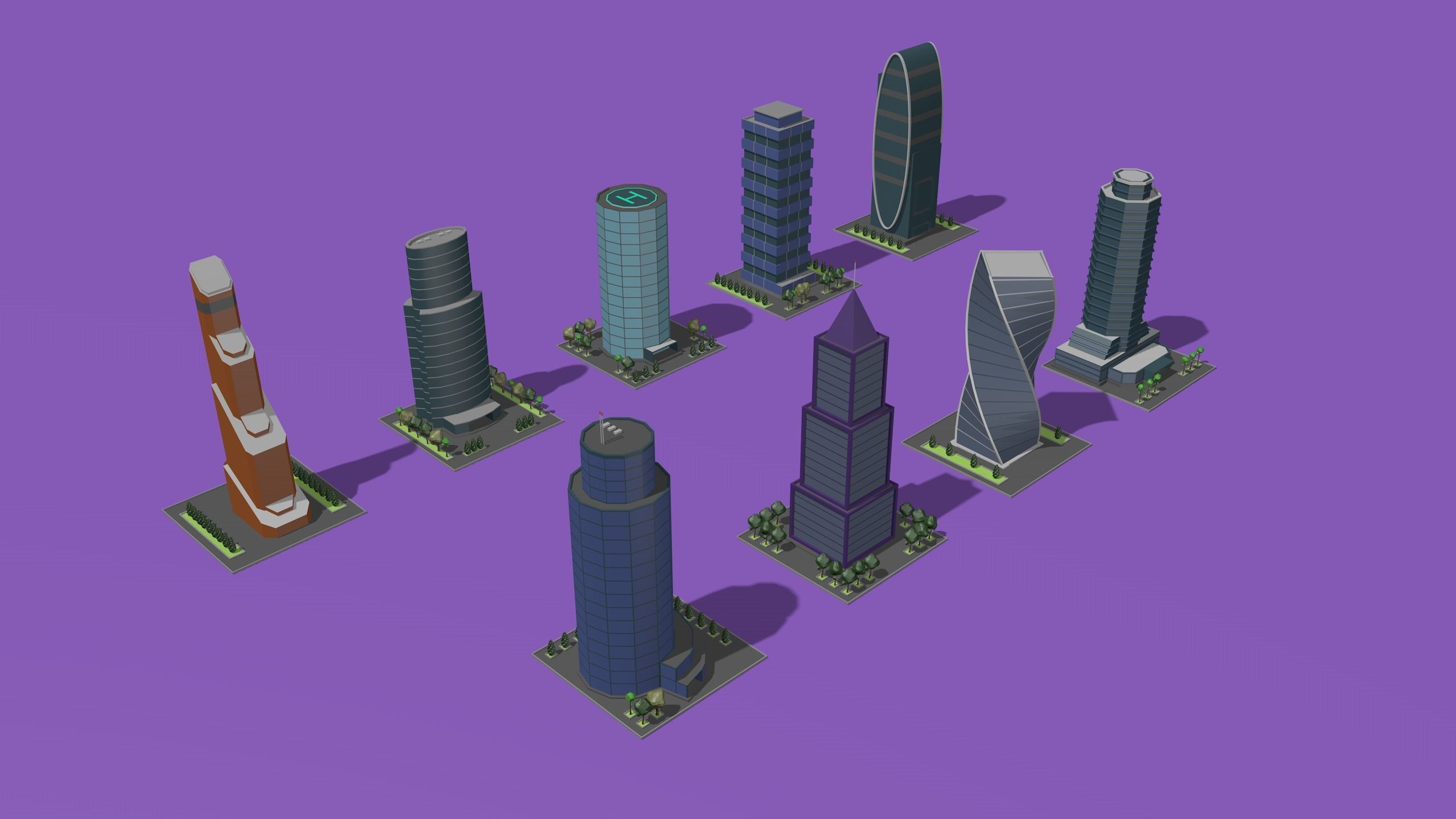 set of cartoon low poly tower models Low-poly 3D model_4