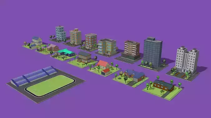 set of cartoon models of buildings Low-poly 3D model