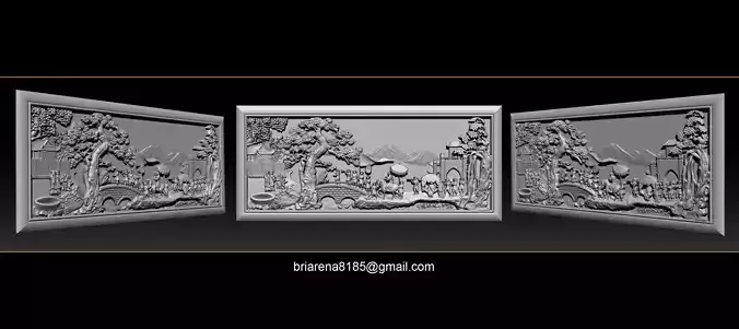 Mural landscape wood carving file stl OBJ and ZTL for CNC 3D print model
