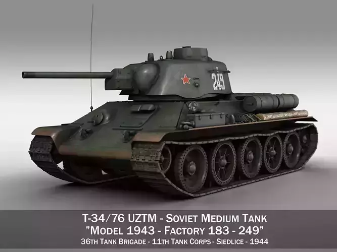 T-34-76 UZTM- Model 1943 - Soviet tank - 249 3D model