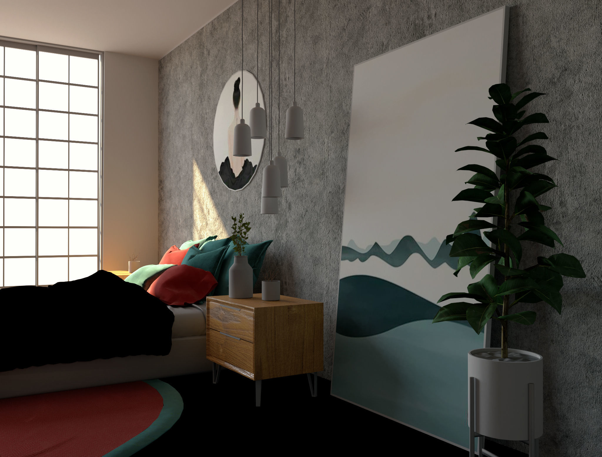 Bedroom with bed and rug 3D model_1