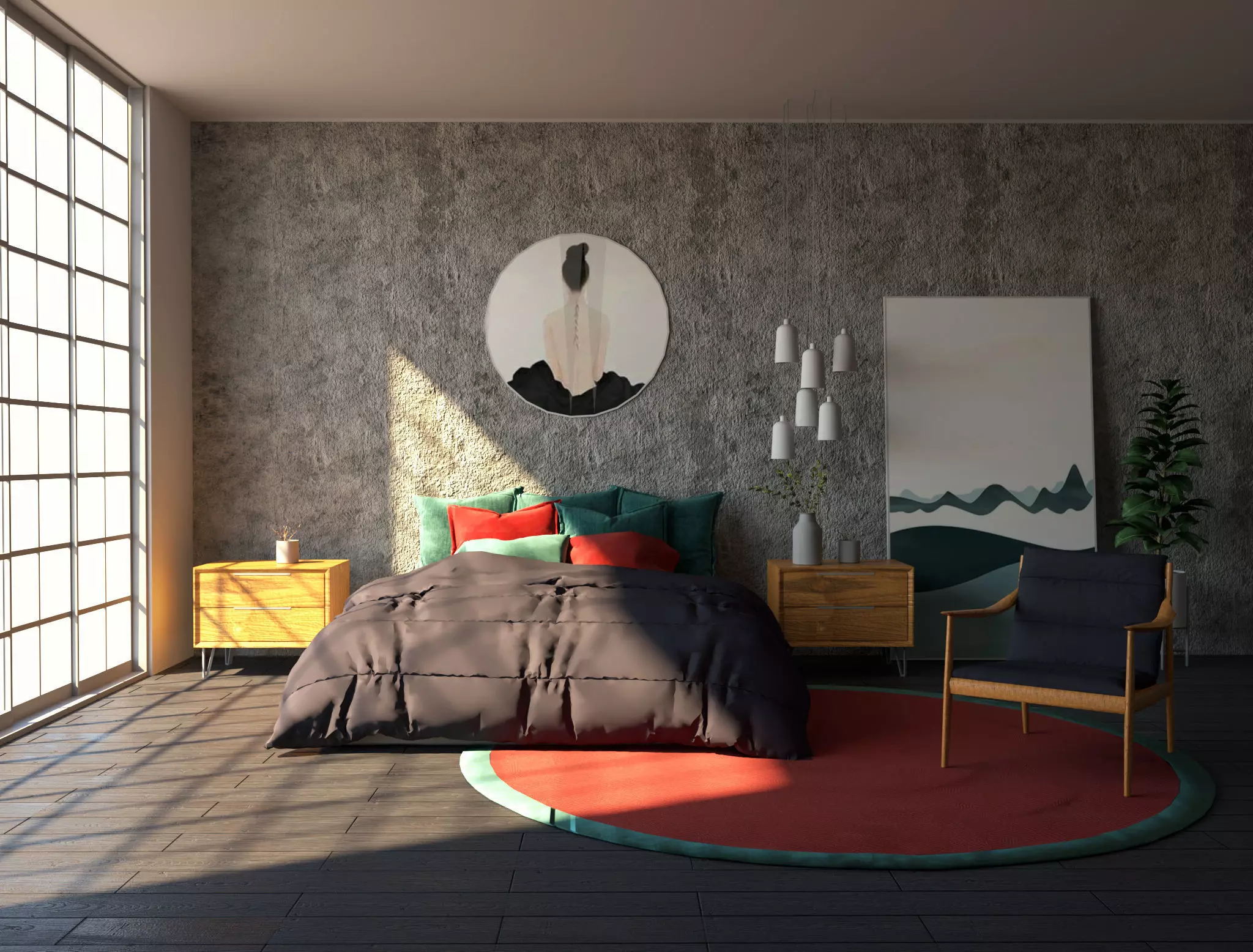 Bedroom with bed and rug 3D model_0