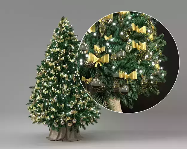 Christmas tree with gold toys and garland