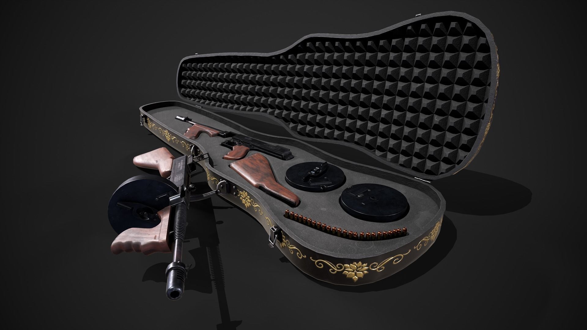 Thompson 1928 with Guitar Case - Tommy Gun - PBR Low-poly 3D model_7