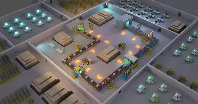 Sci fi factory with conveyor line and robotic arms  animation Low-poly 3D model