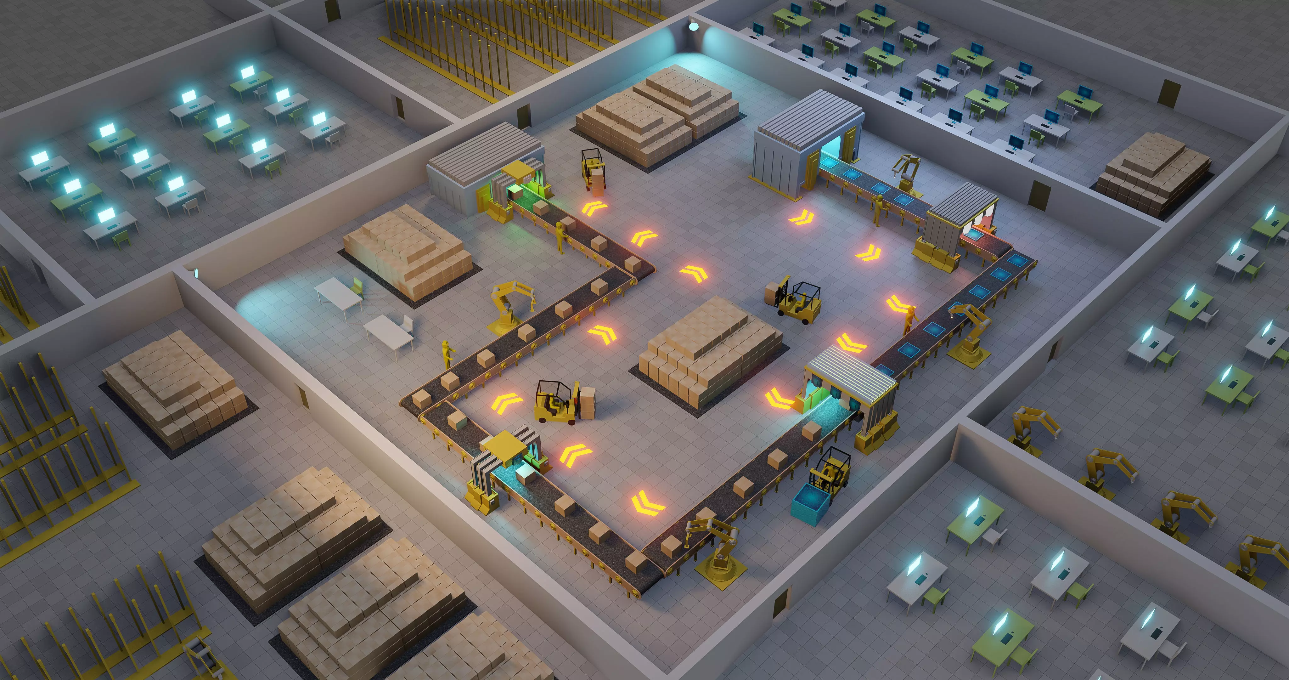 Sci fi factory with conveyor line and robotic arms  animation Low-poly 3D model_0
