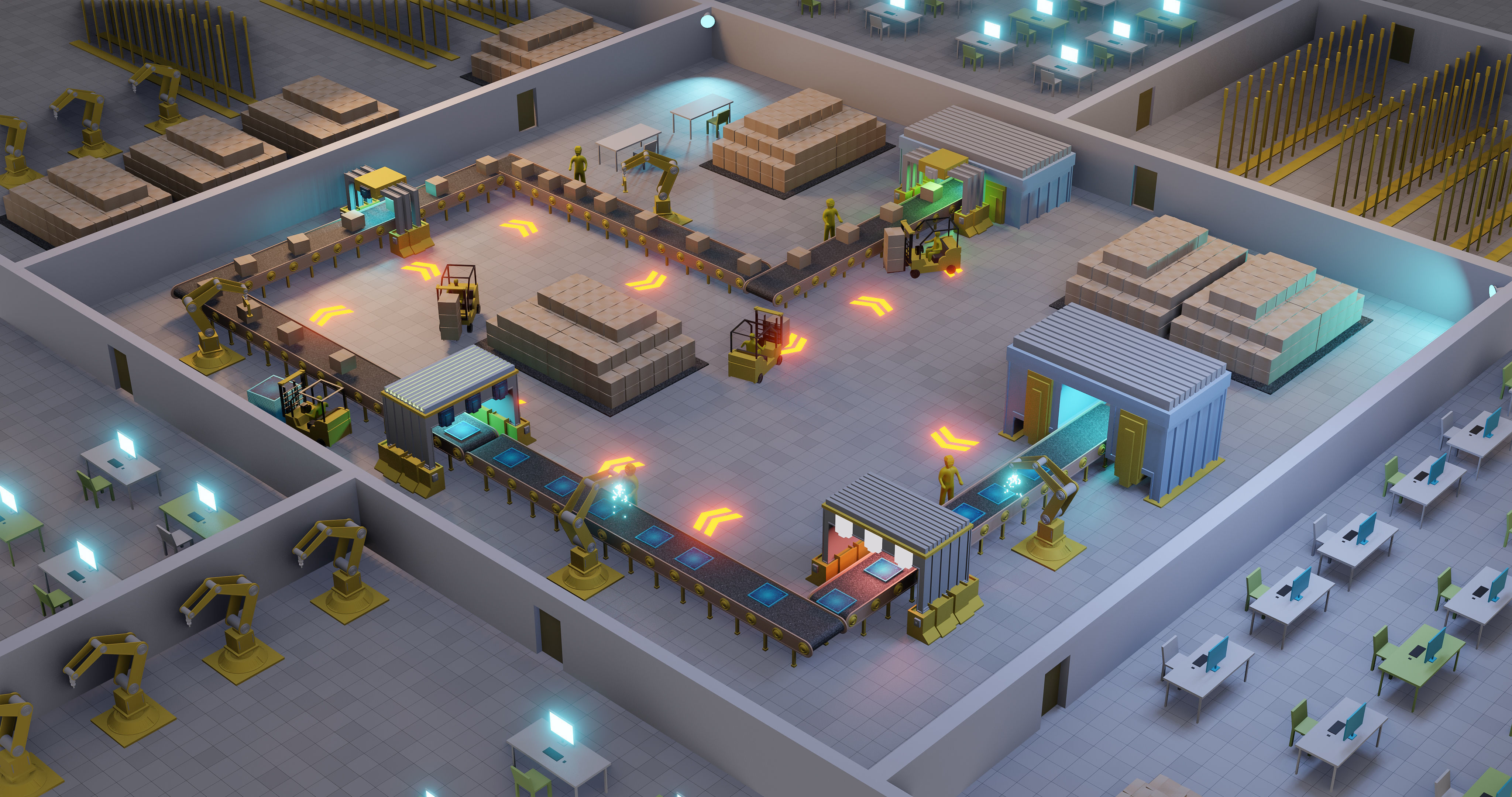 Sci fi factory with conveyor line and robotic arms  animation Low-poly 3D model_3