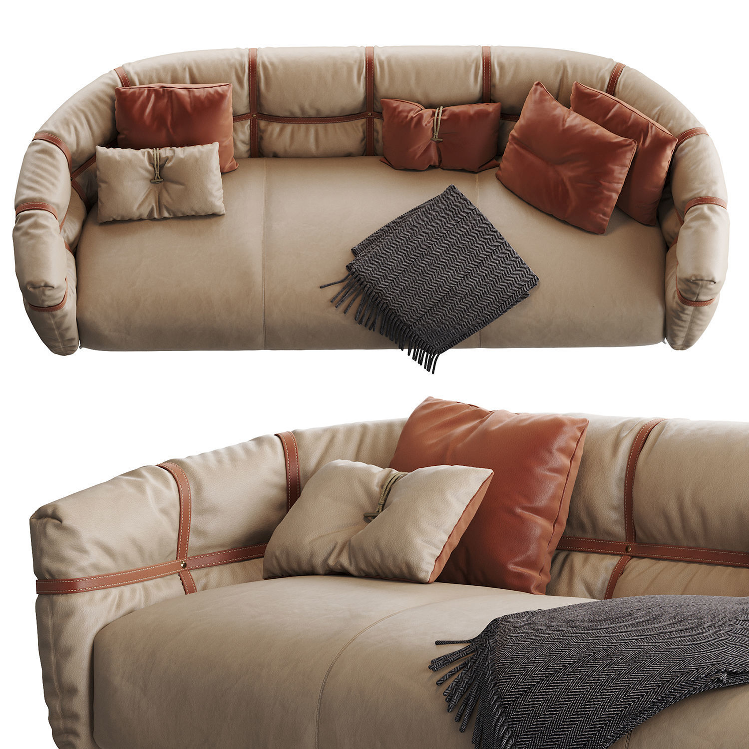 Crossover sofa with pillows and blankets 3D model_2