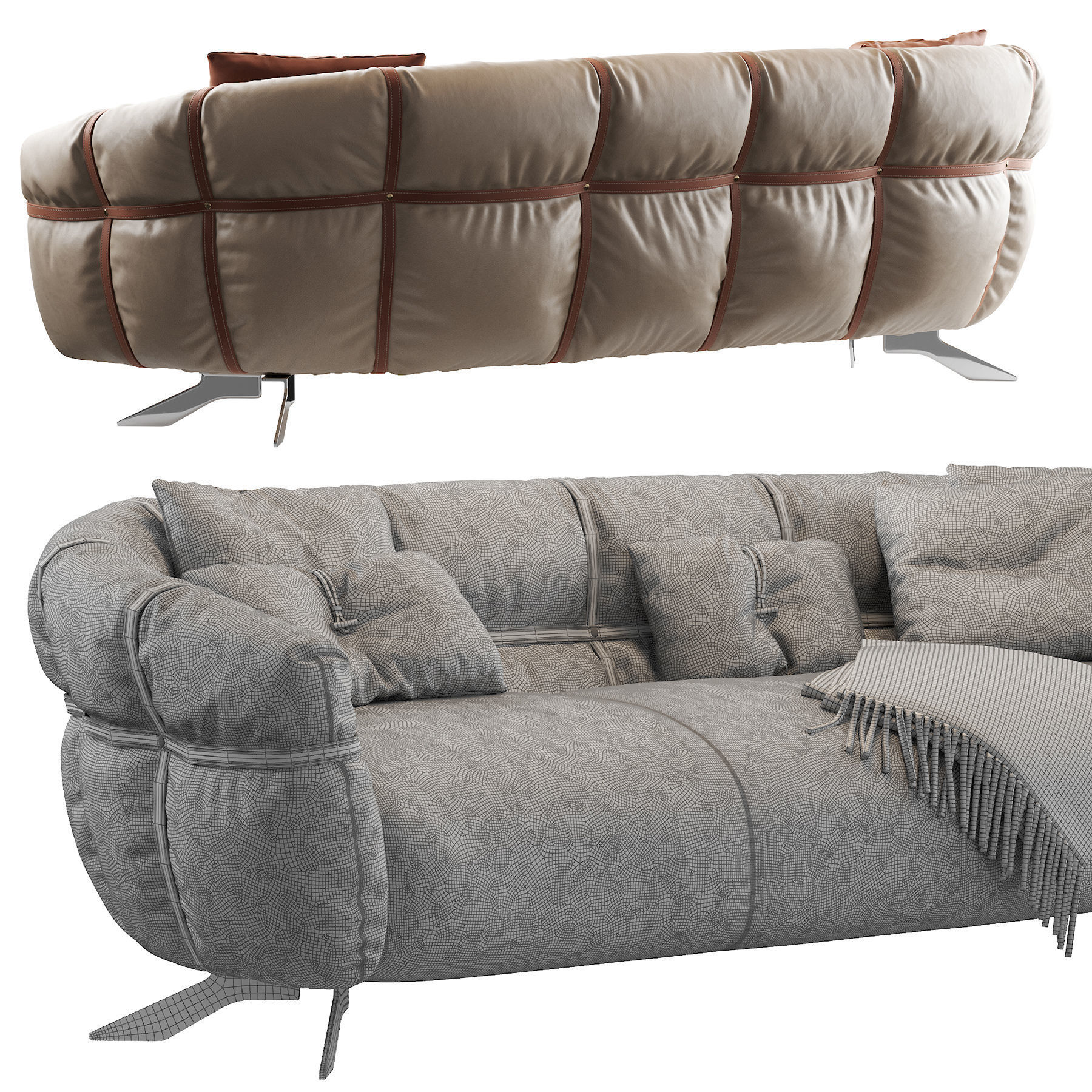 Crossover sofa with pillows and blankets 3D model_4