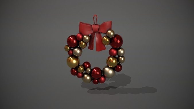 Red and Gold Christmas Bauble Wreath Low-poly 3D model