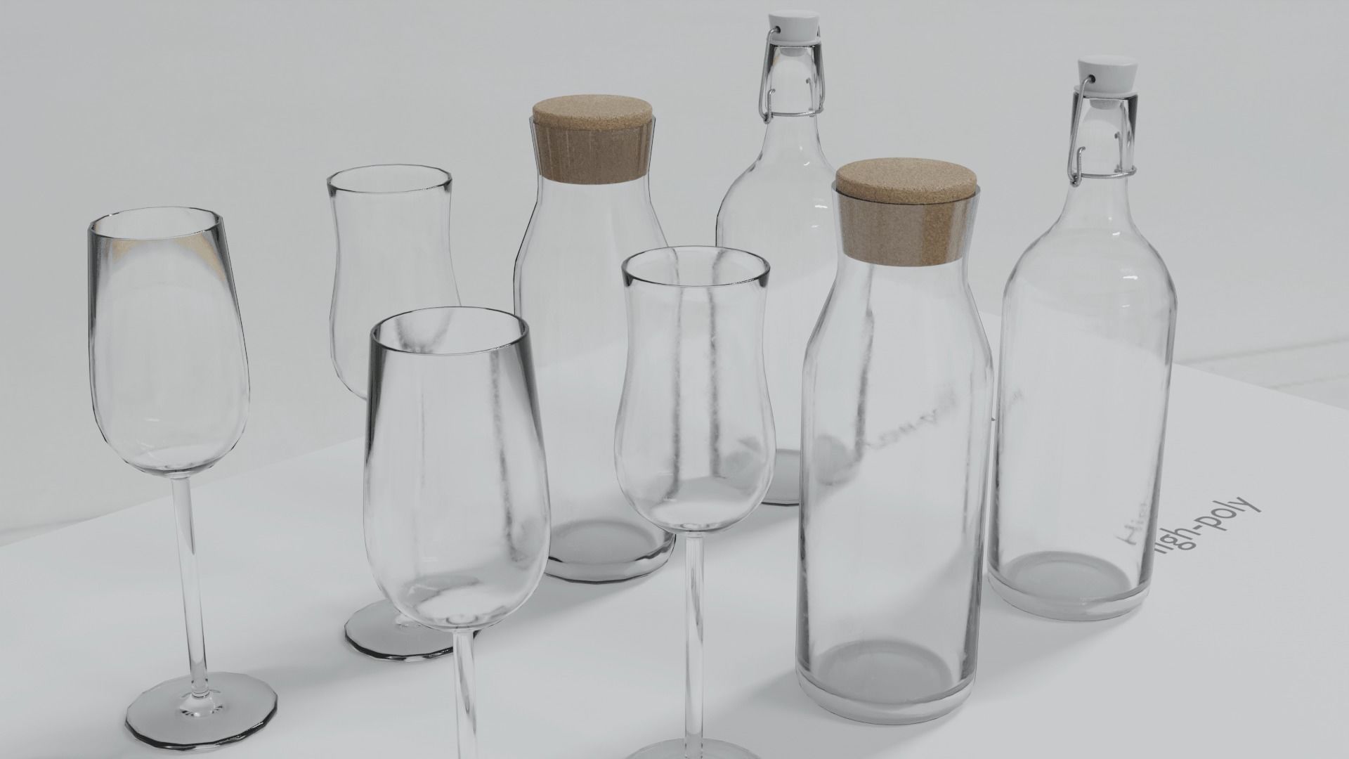 Glass set of glasses and bottles on table Low-poly 3D model_2