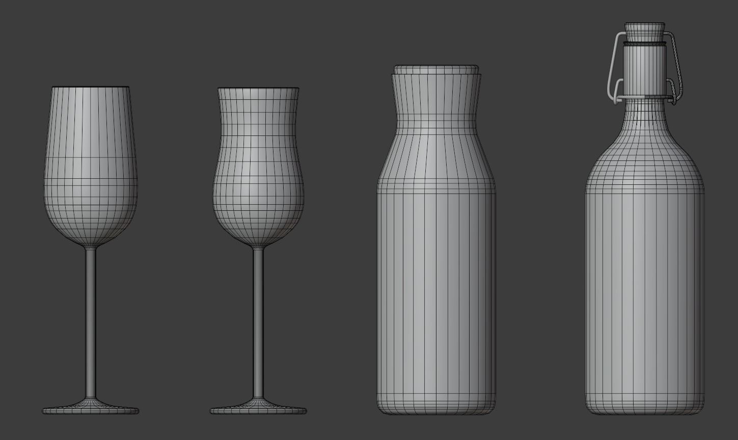 Glass set of glasses and bottles on table Low-poly 3D model_5