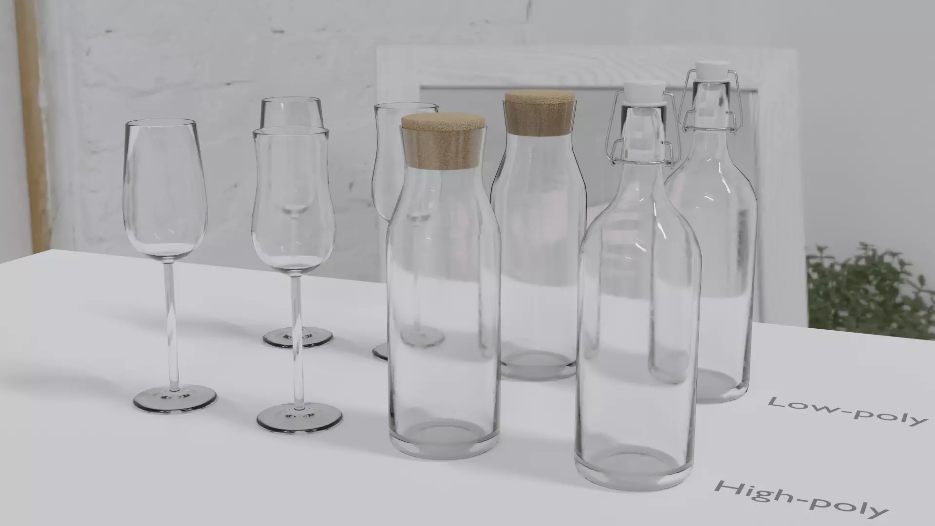 Glass set of glasses and bottles on table Low-poly 3D model_0