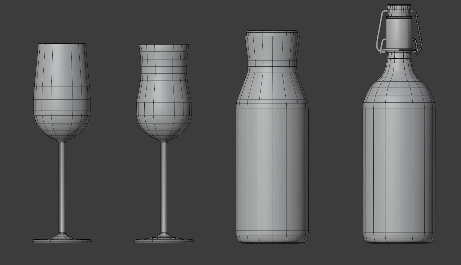 Glass set of glasses and bottles on table Low-poly 3D model_6