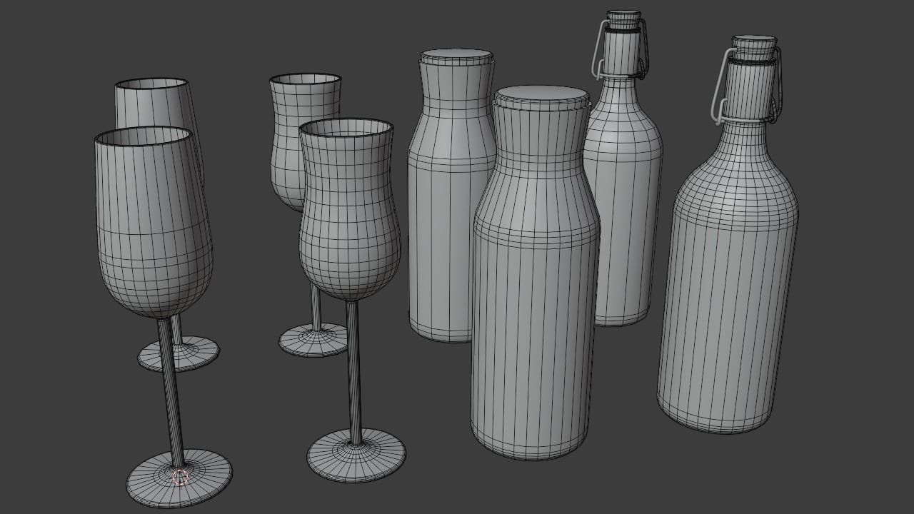 Glass set of glasses and bottles on table Low-poly 3D model_4