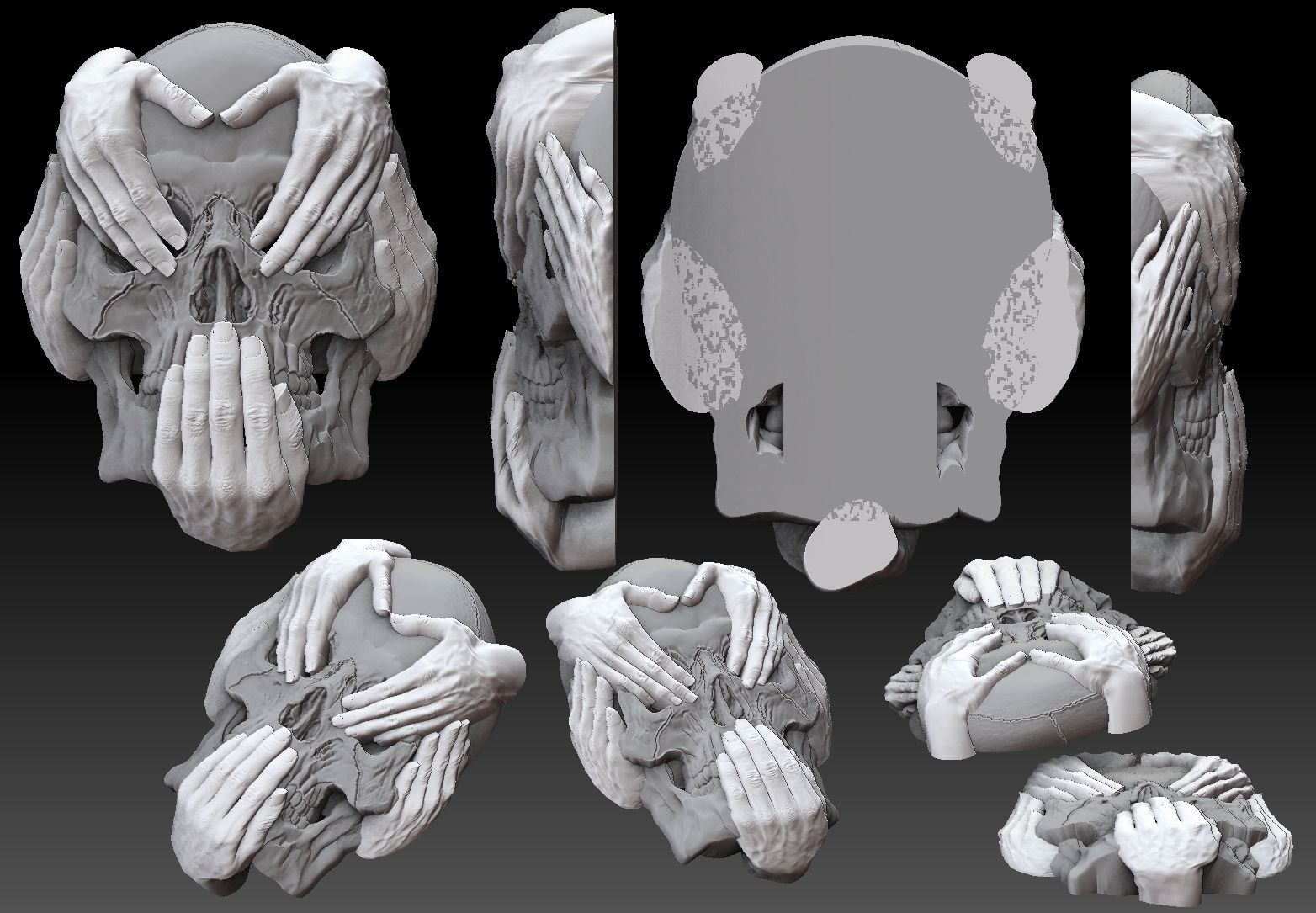 Hear See Speak No EVIL  skull bas relief cnc model pendant 3D print model_4