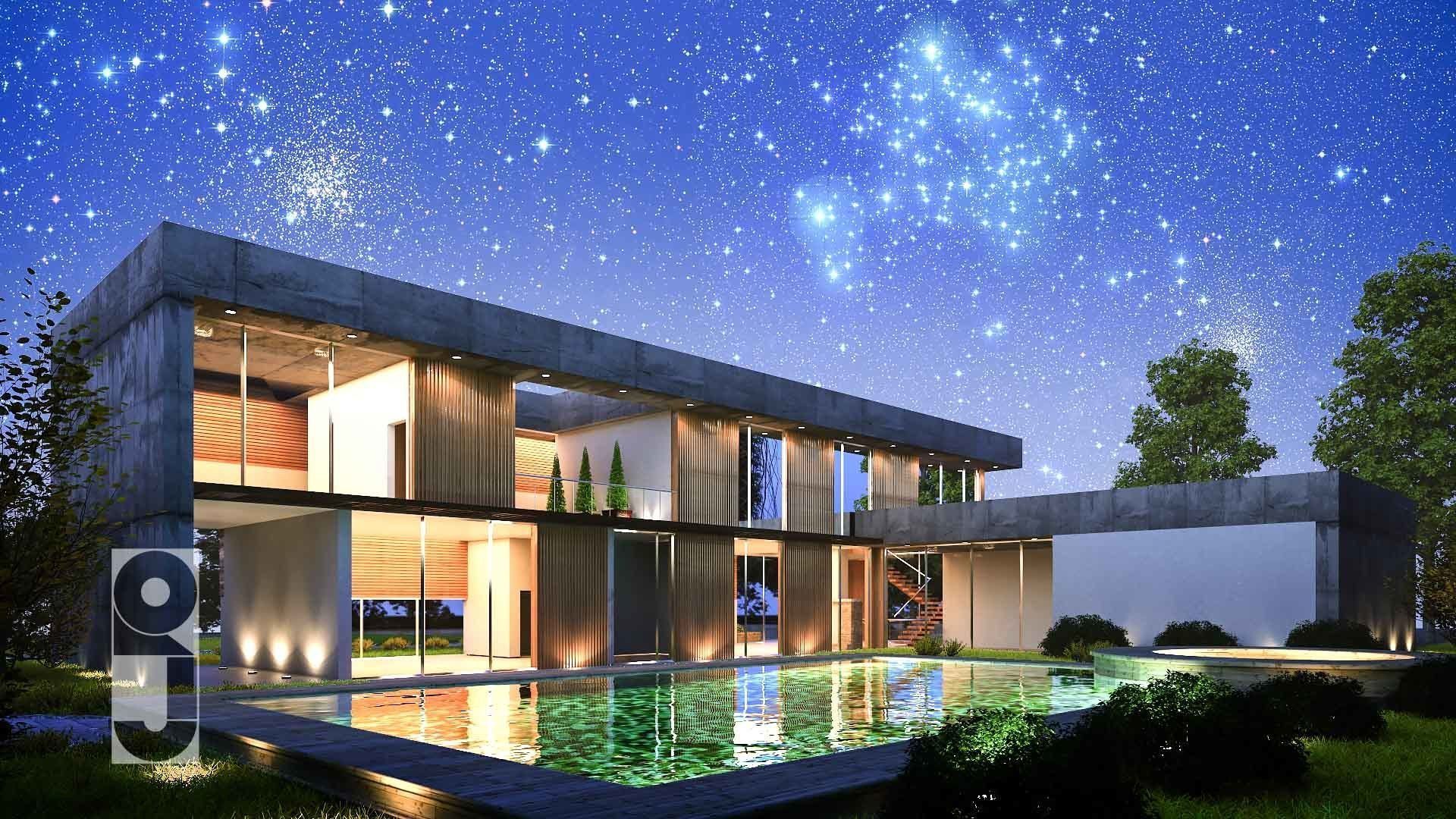 Modern villa Low-poly 3D model_1