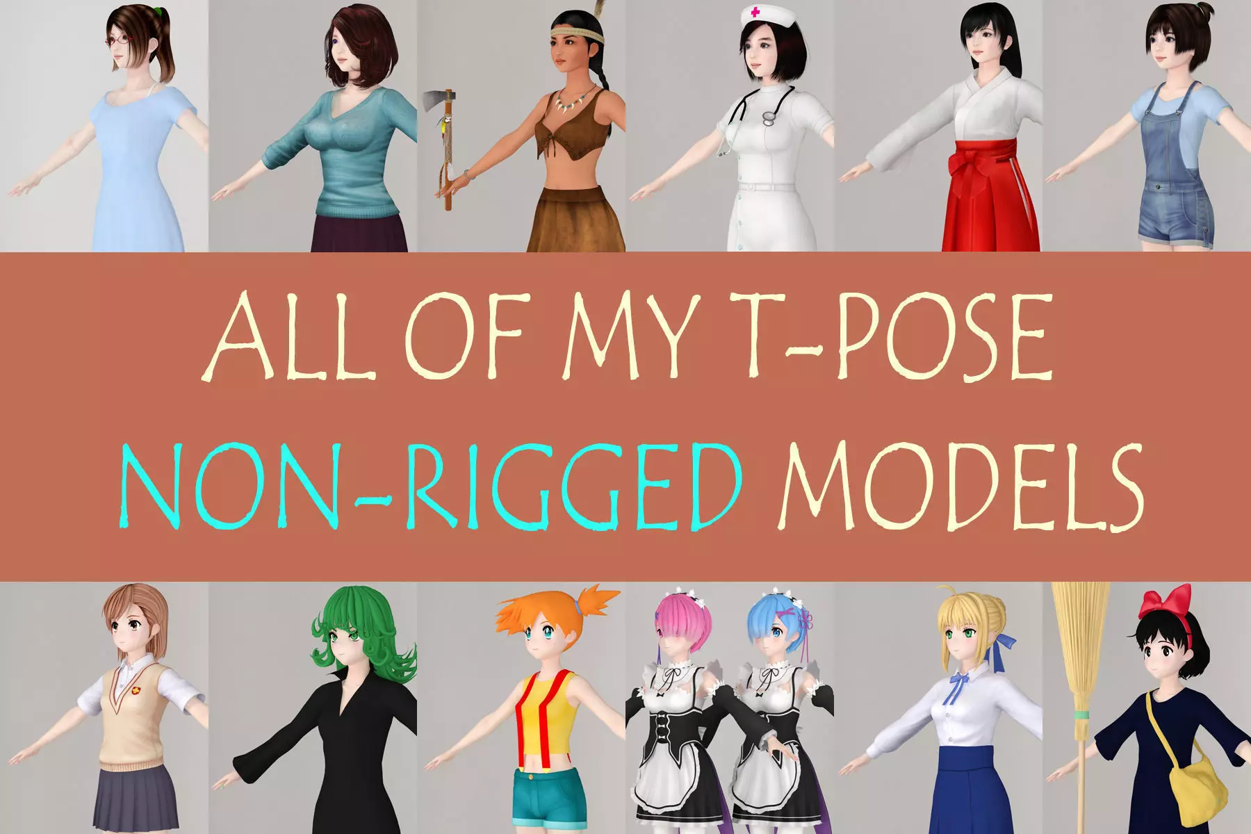 All of my T pose nonrigged girls 3D model_0
