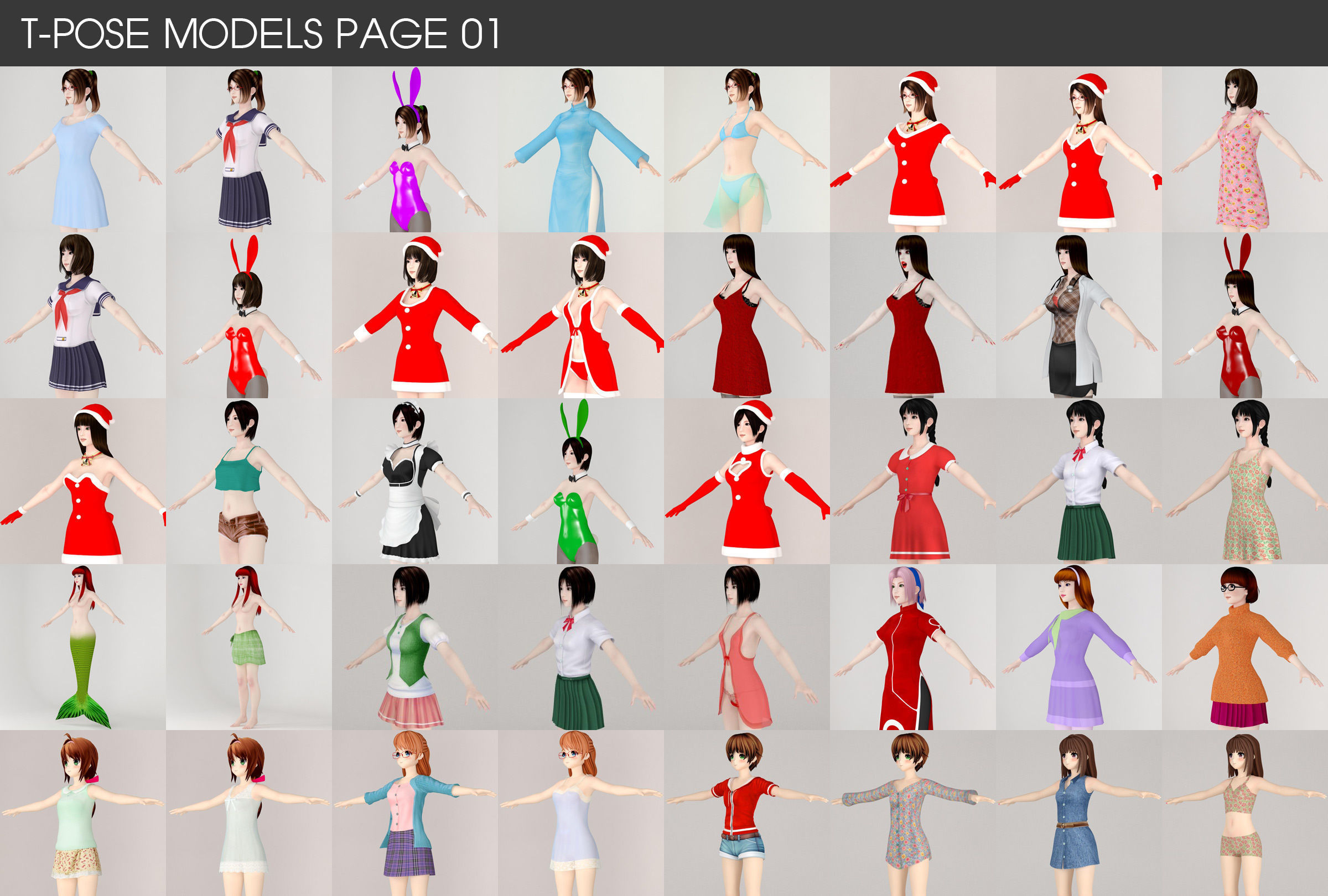 All of my T pose nonrigged girls 3D model_1